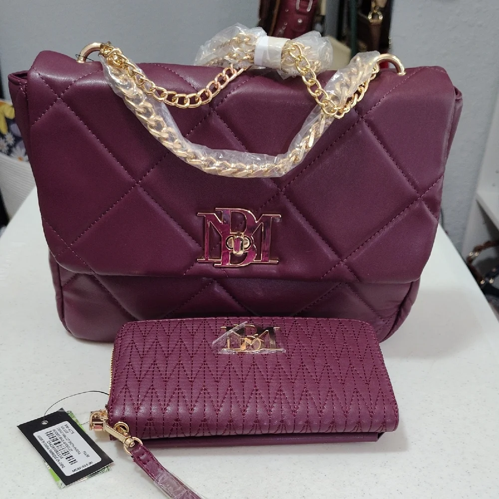 Brand New Quilted Diamond Accent Satchel/Crossbody and Wallet Set - Plum - Picture 1 of 2